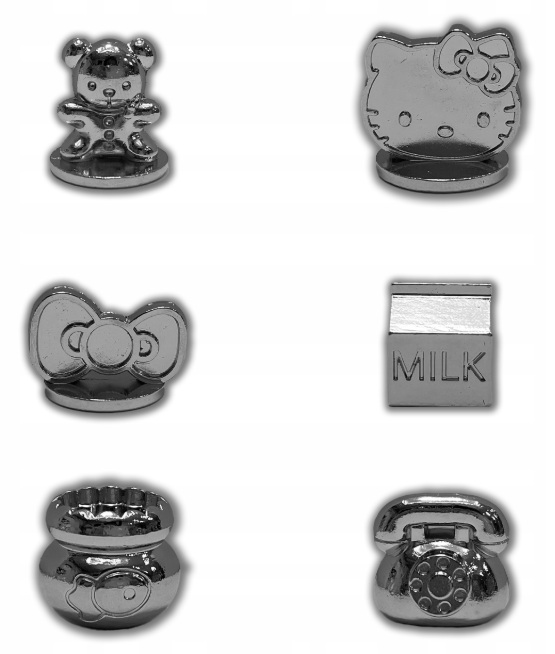 Sześć srebrnych pionków: miś, Hello Kitty, kokardka, mleko, akwarium, telefon.