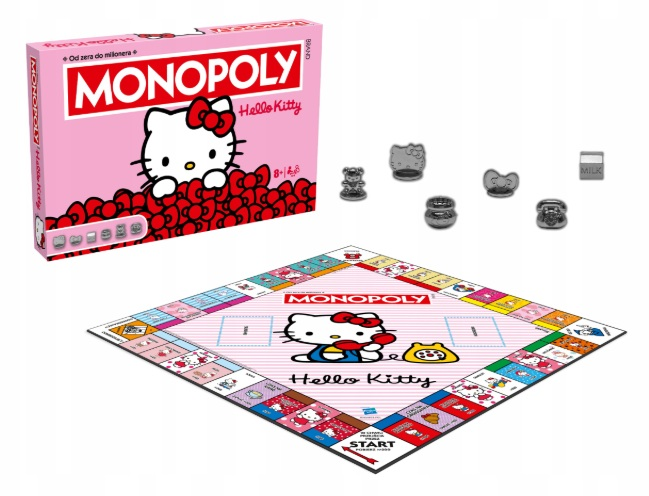 Pudełko i plansza Monopoly Hello Kitty z pionkami: miś, telefon, mleko.
