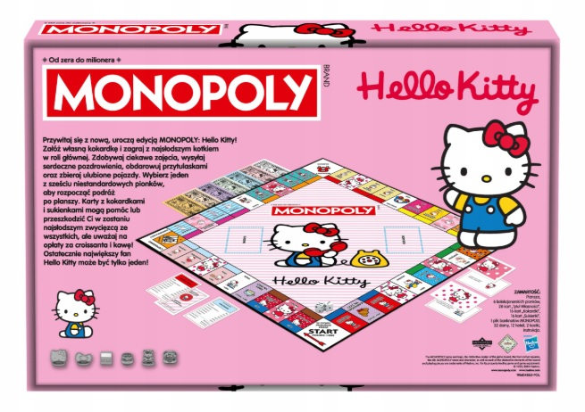 Gra planszowa Monopoly Hello Kitty na różowym tle z postaciami.