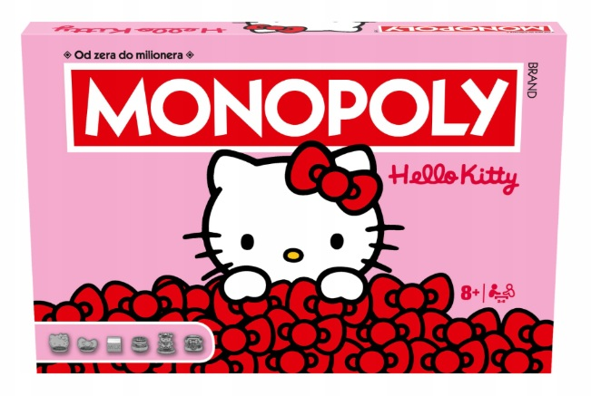Pudełko gry Monopoly Hello Kitty z postacią Hello Kitty i czerwonymi kokardkami.