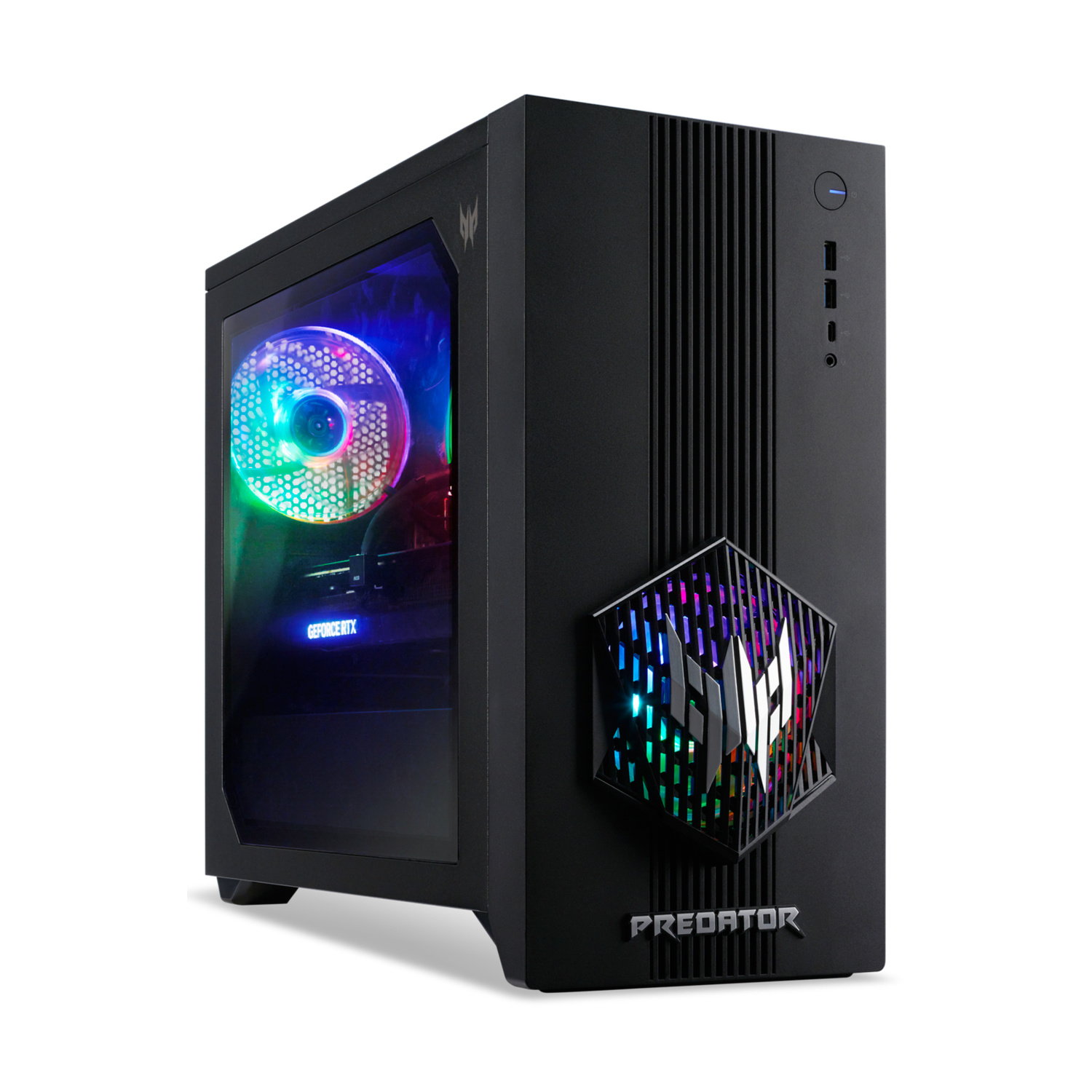 PC da gaming nero con ventola e logo illuminati.