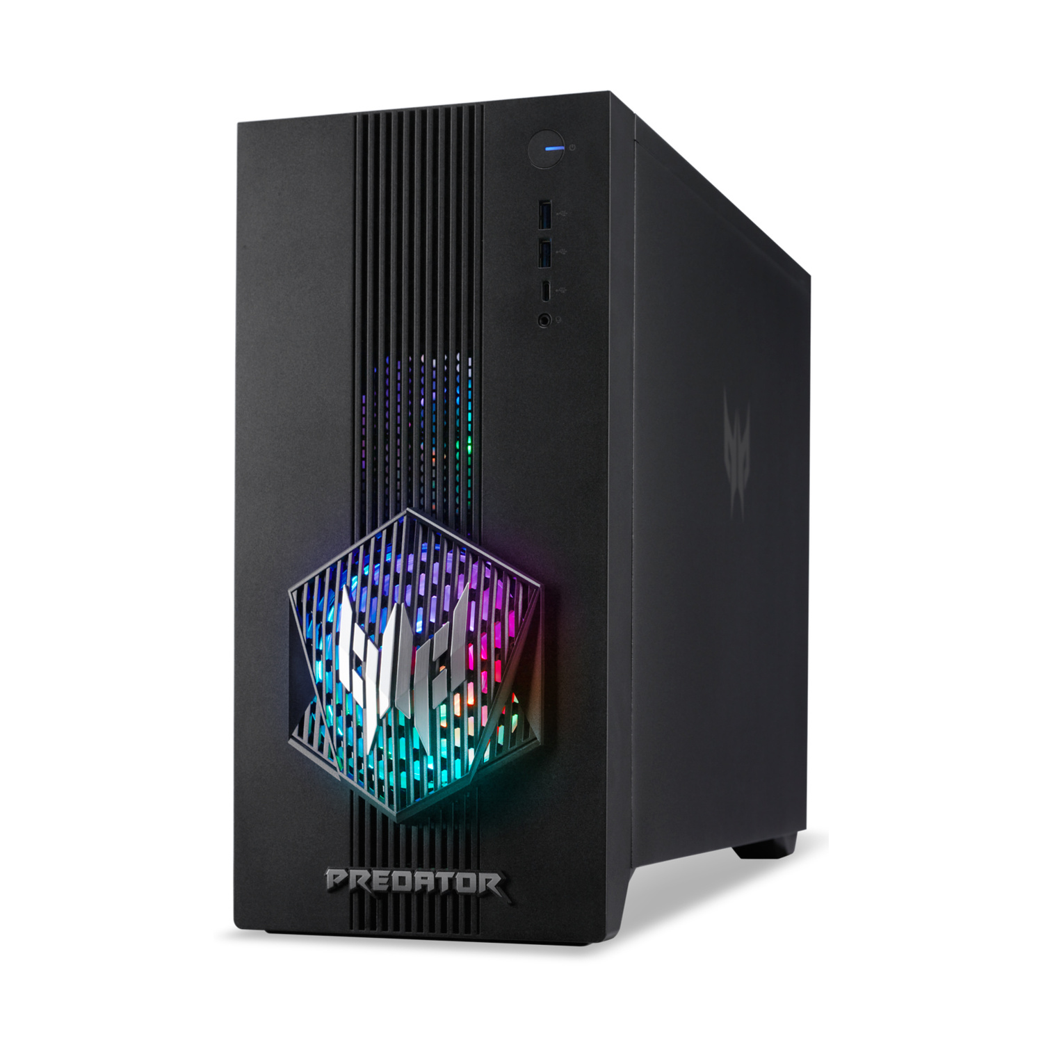PC da gaming nero con illuminazione RGB e logo Predator sul pannello frontale.