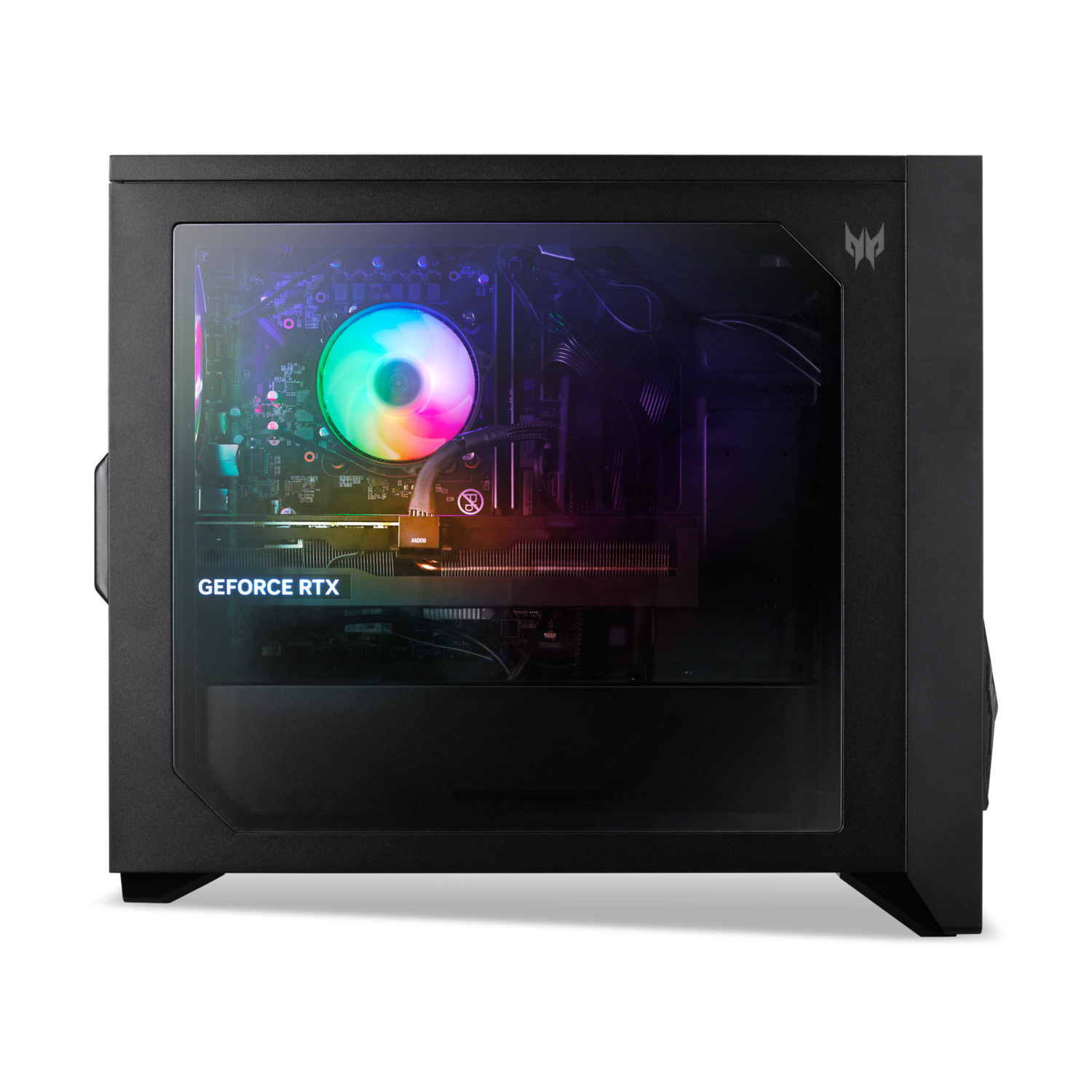 Un PC nero con pannello laterale in vetro, ventola illuminata e scheda grafica RTX.