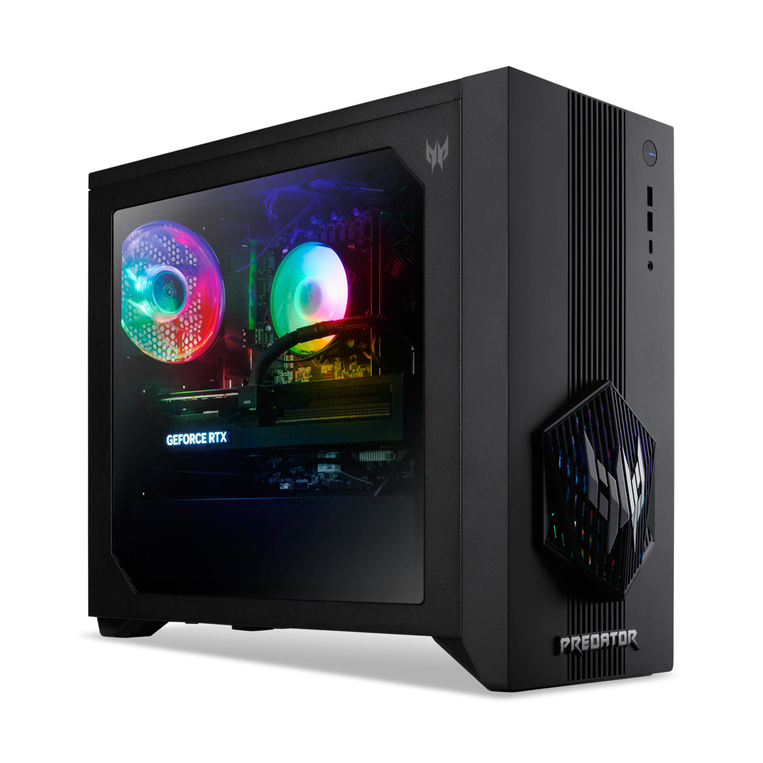 Un PC da gaming nero con ventole illuminate e scheda grafica GeForce RTX.