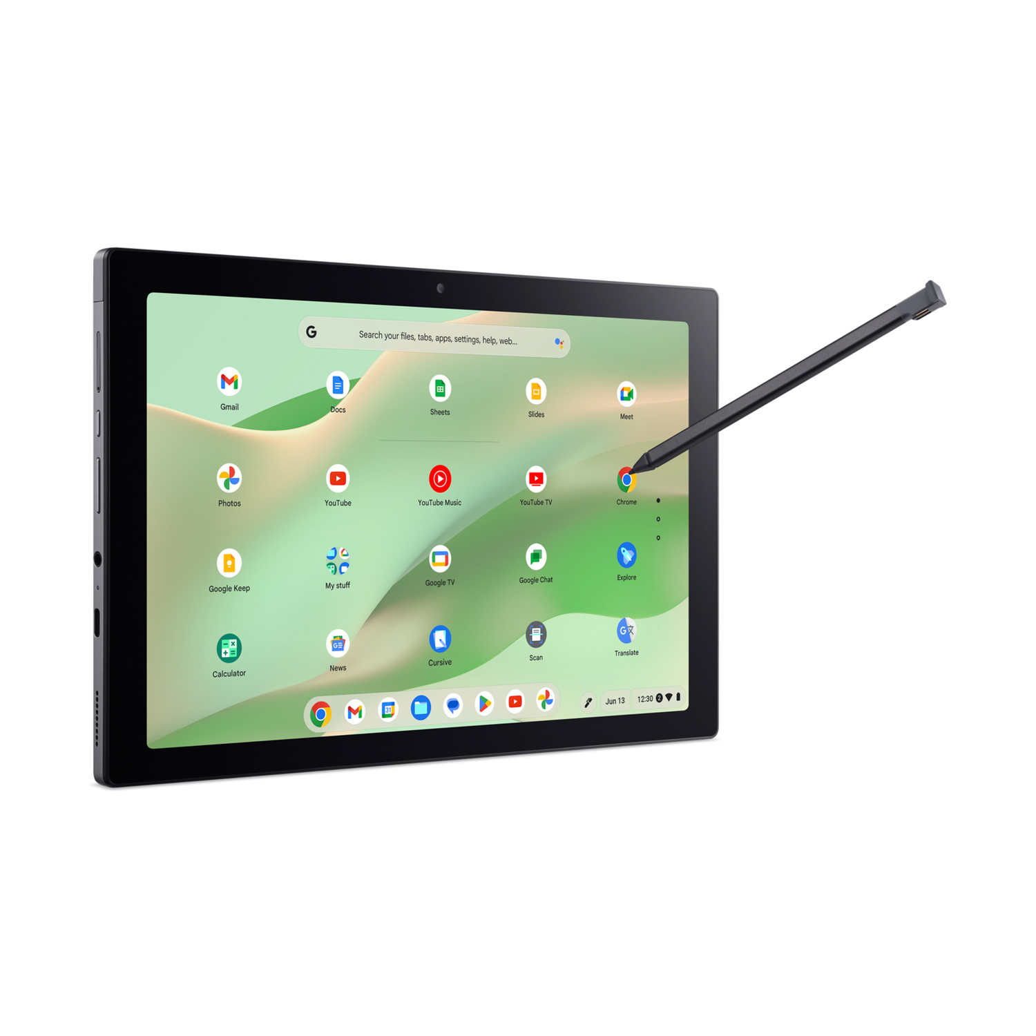 Un tablet nero con uno stilo che punta sullo schermo. Le app sono visibili sullo schermo.