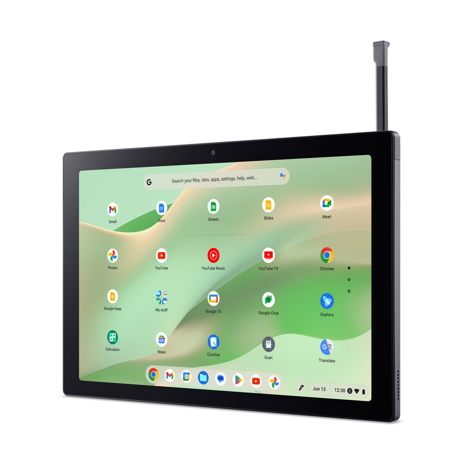 Un tablet nero mostra uno sfondo verde con icone di app. Uno stilo è inserito in alto a destra.