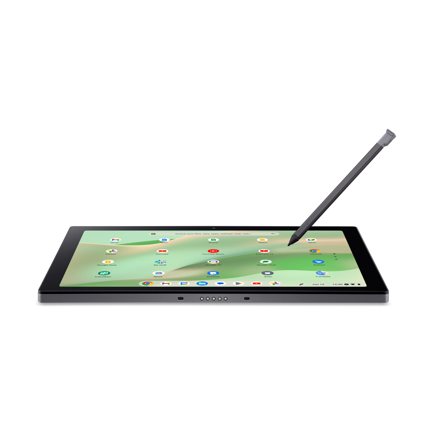 Un tablet scuro con uno stilo fluttua sullo schermo, mostrando varie icone di app.