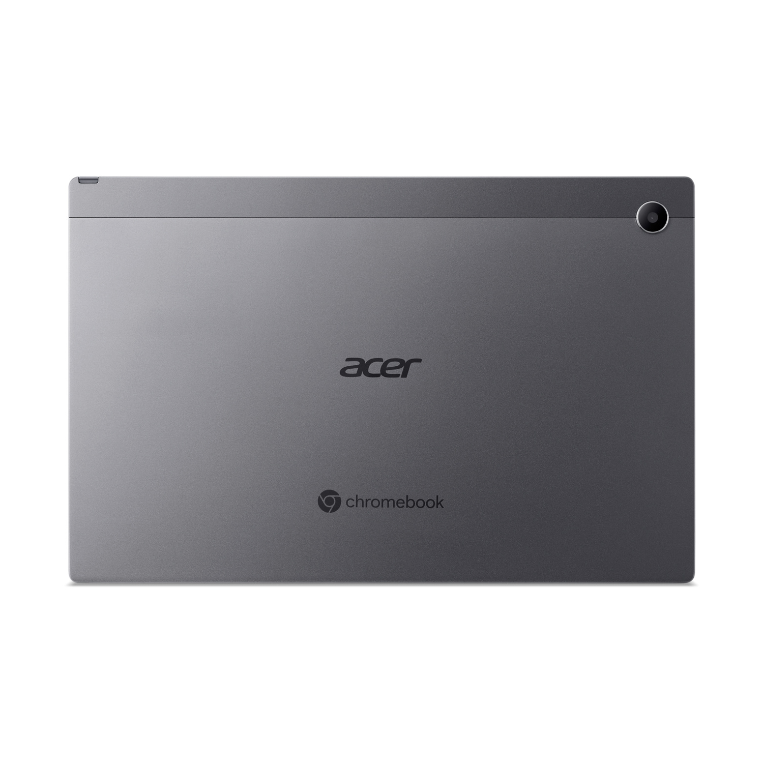 Retro di un tablet Acer Chromebook grigio con fotocamera e loghi.