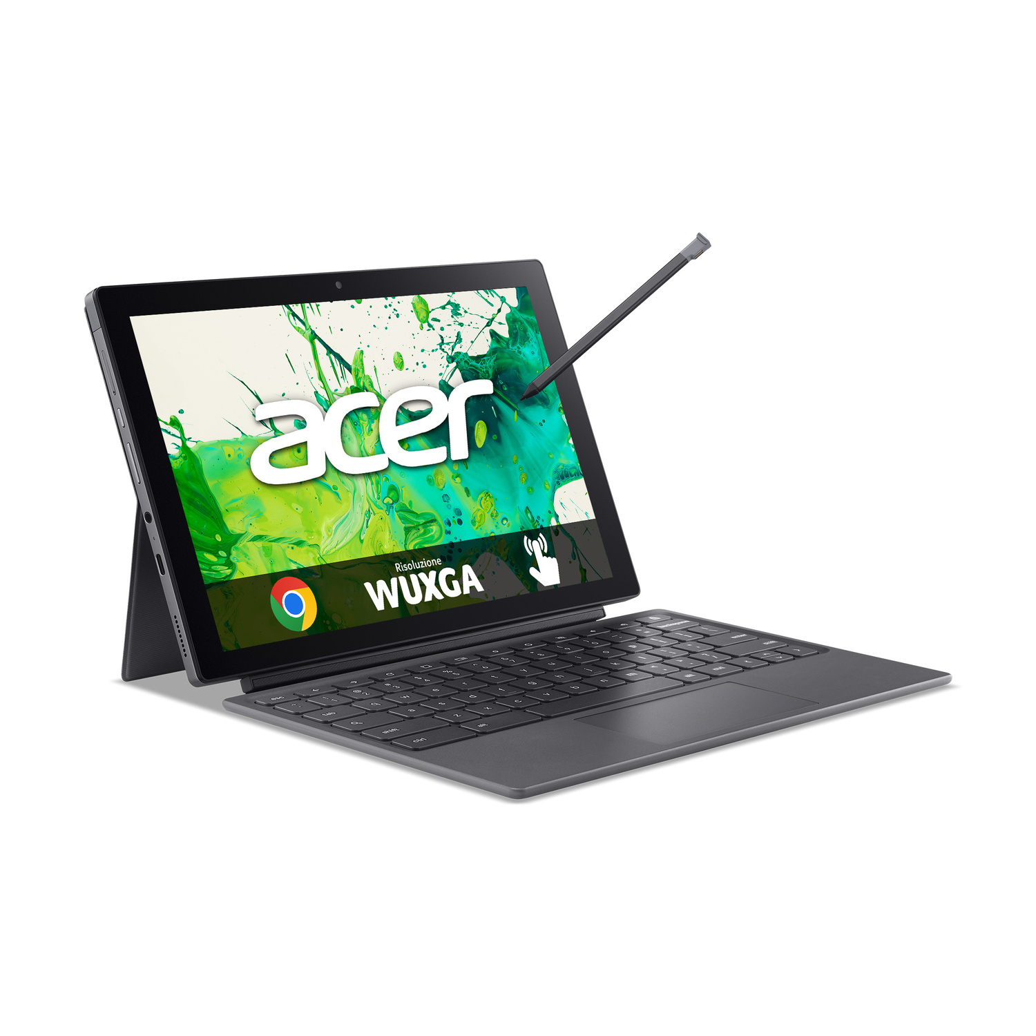 Un laptop Acer con tastiera staccabile e pennino, mostrato su sfondo bianco.