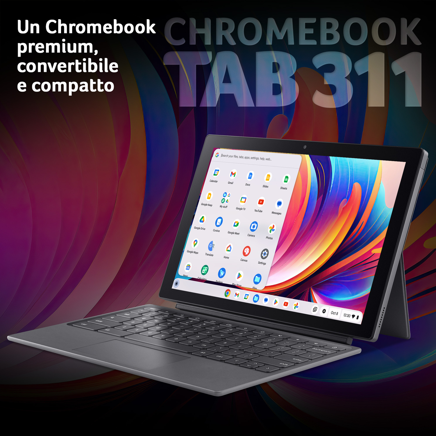 Un Chromebook Tab 311 grigio con tastiera collegata su sfondo colorato.