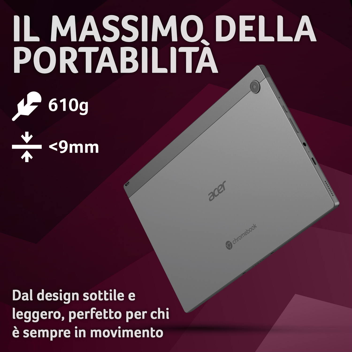 Acer Chromebook grigio da 610g e meno di 9mm.