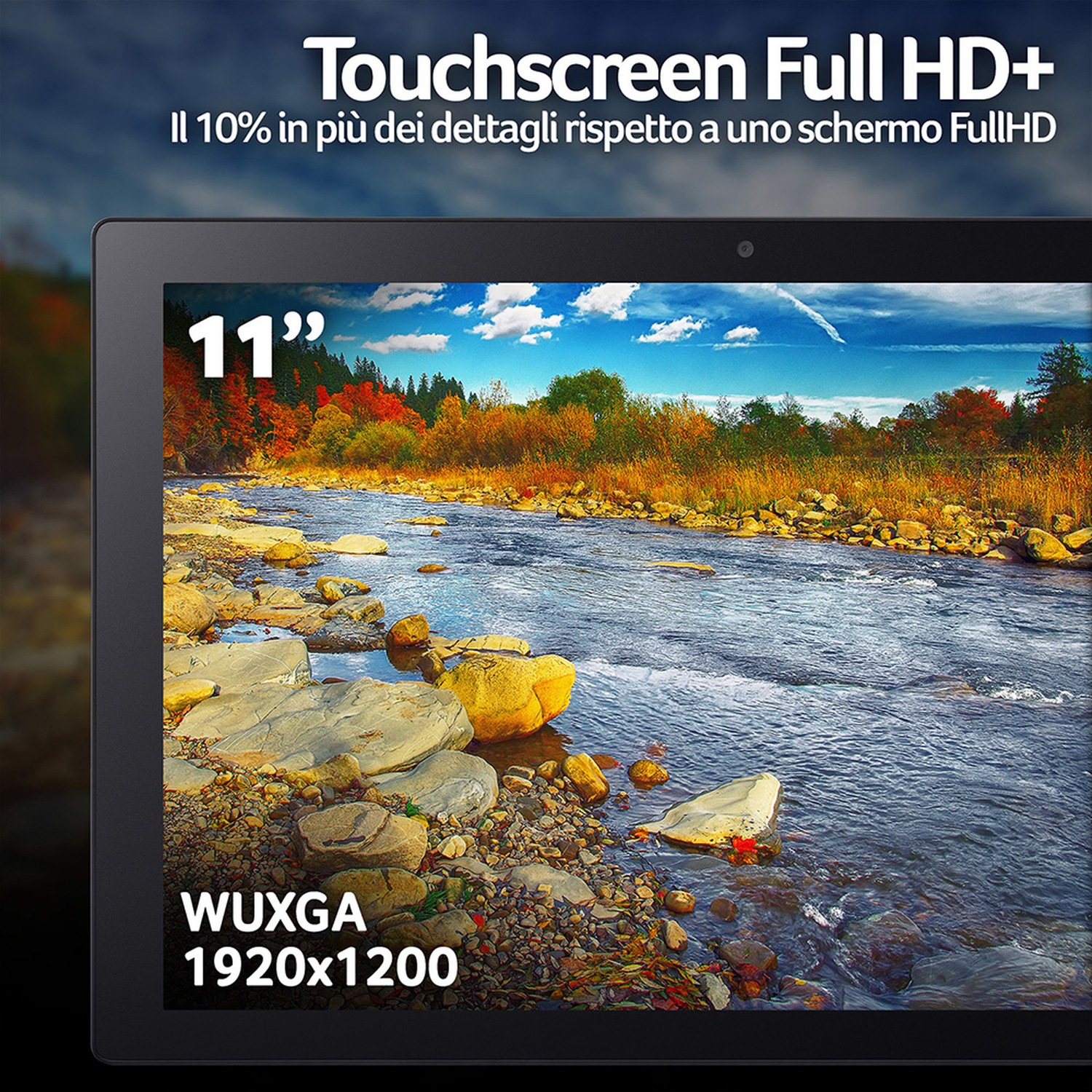 Laptop touchscreen WUXGA da 11" con fiume panoramico e alberi autunnali.