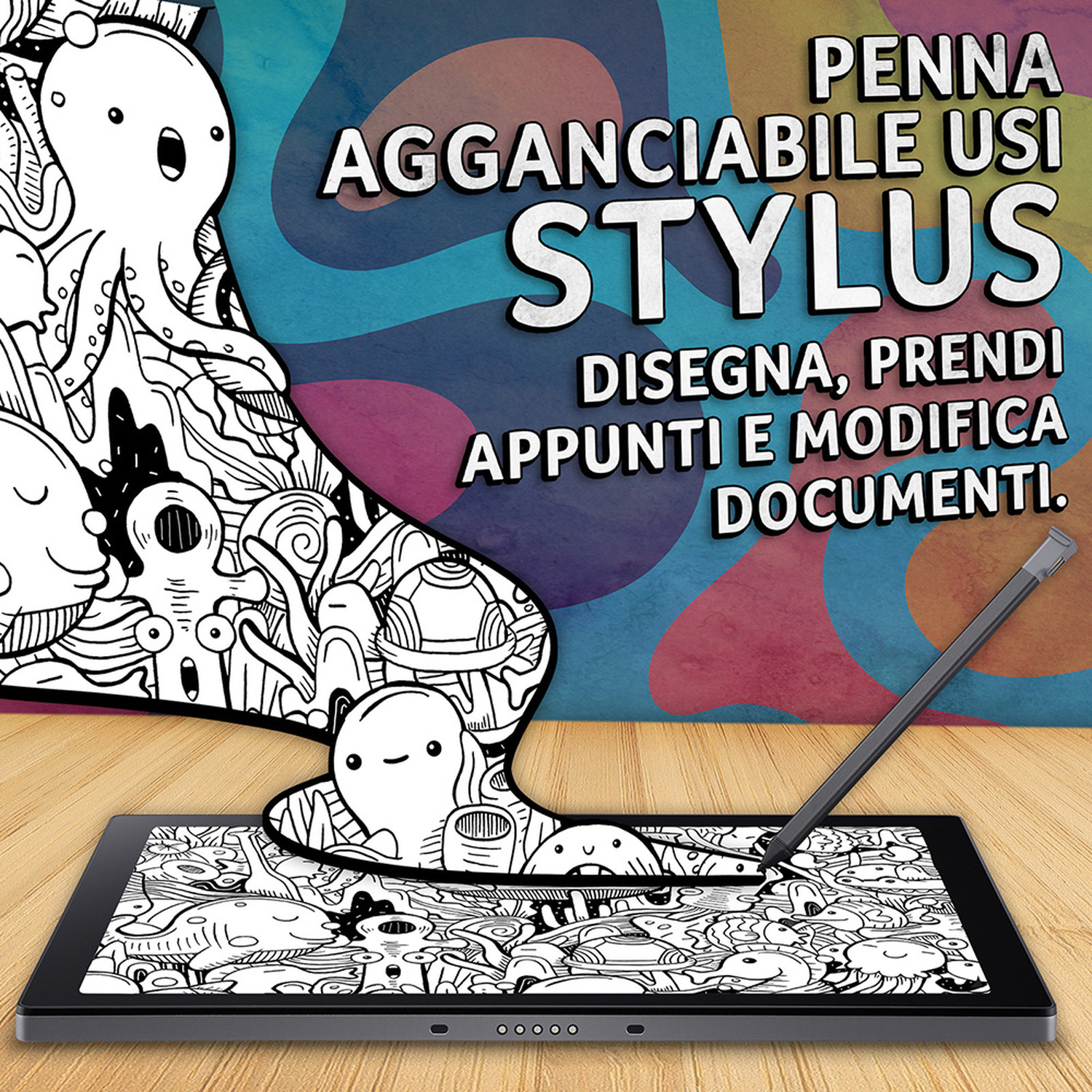 Un tablet con uno stilo appoggiato su un'arte in stile scarabocchio con personaggi.