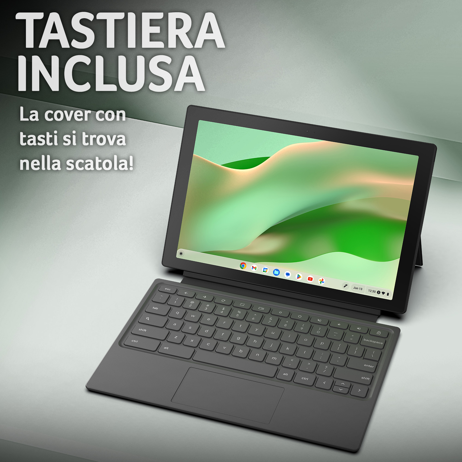 Un laptop con tastiera staccabile e schermo luminoso.
