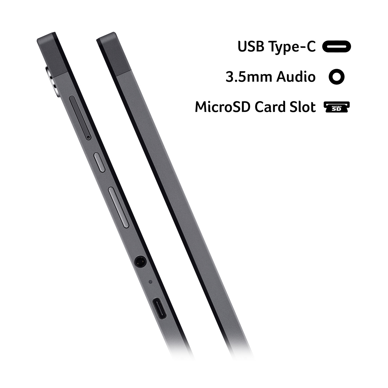 Tablet grigio che mostra USB-C, jack audio da 3,5 mm e slot MicroSD.