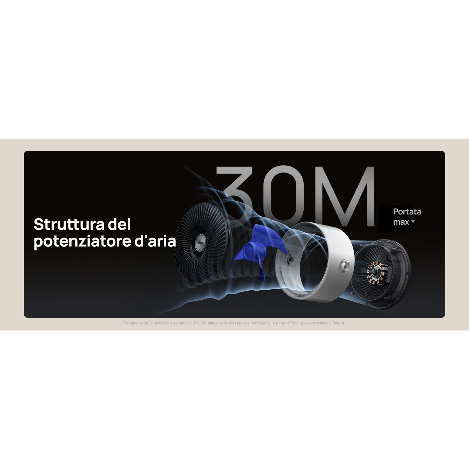 Vista interna di un amplificatore d'aria con portata massima di 30M.