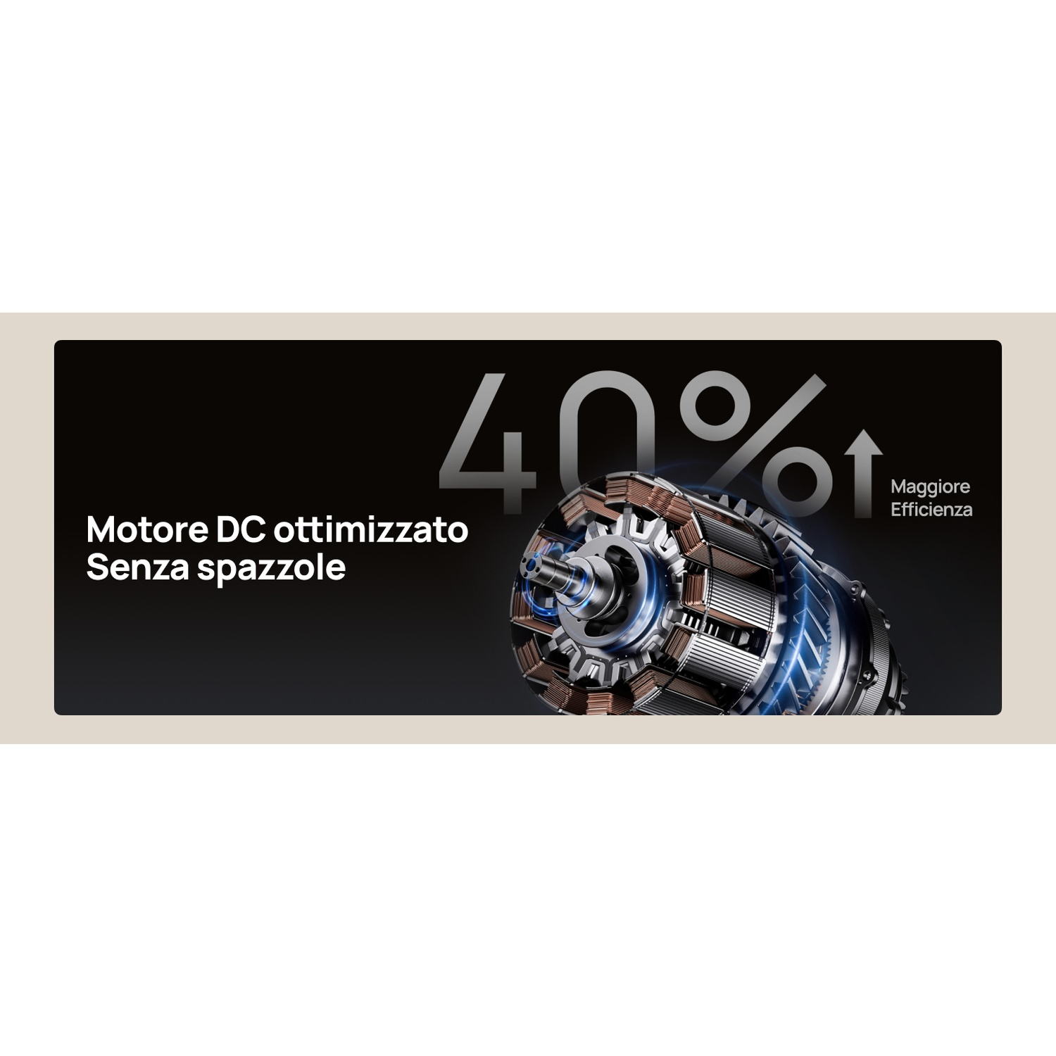 Motore DC ottimizzato senza spazzole con 40% di efficienza.