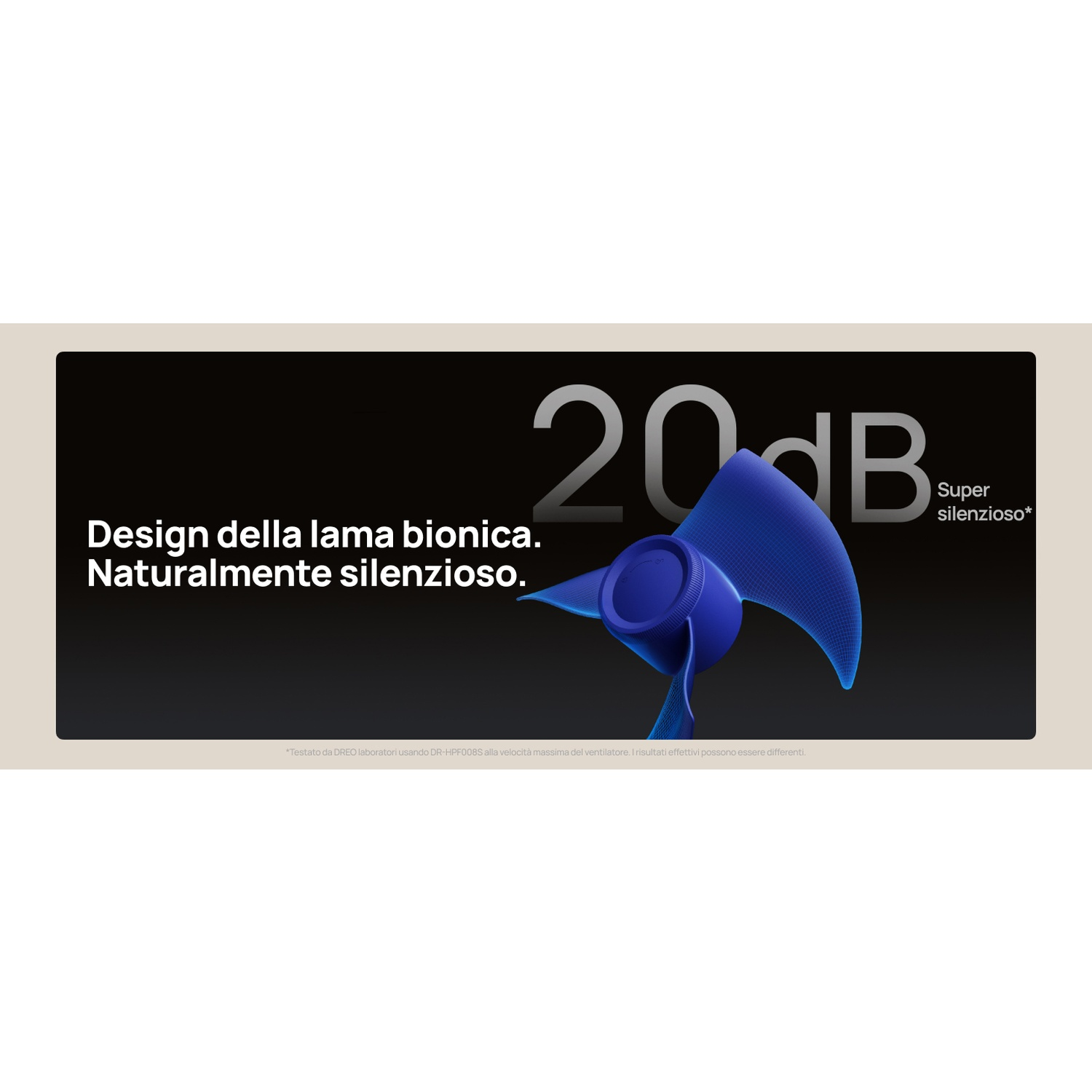 Ventola blu con scritta "20 dB Super silenzioso" su sfondo nero.