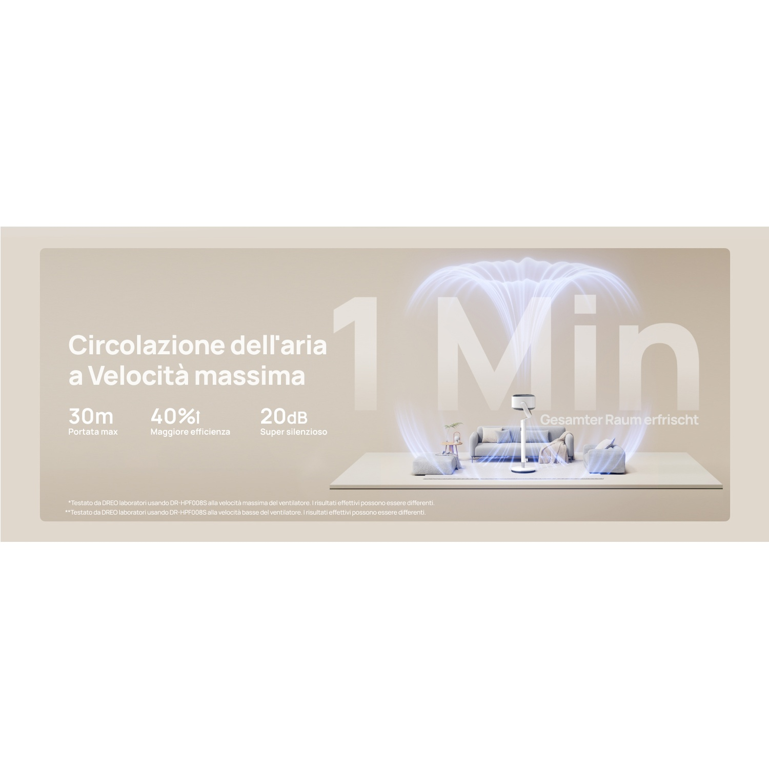 Un ventilatore fa circolare l'aria in un soggiorno con divani. 30m, 40% più efficienza.