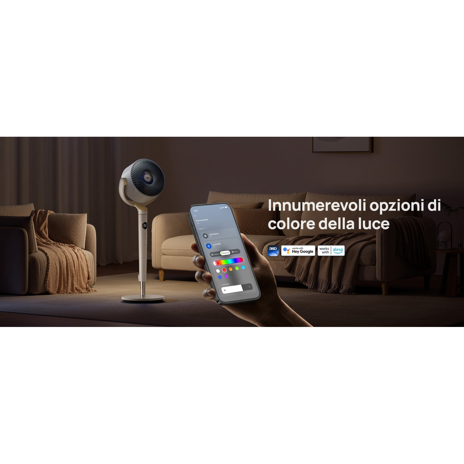 Un ventilatore smart con opzioni colore, controllato via app e assistente vocale.