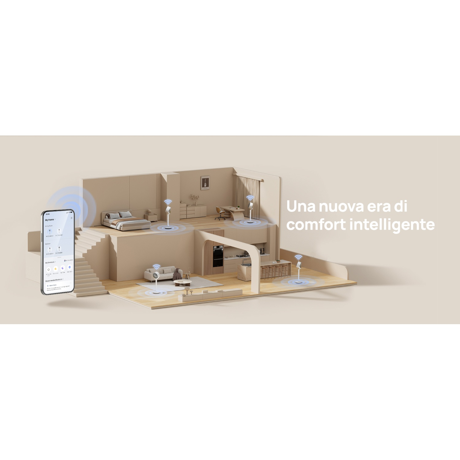 Un modello di casa moderna con camera da letto, cucina e soggiorno.