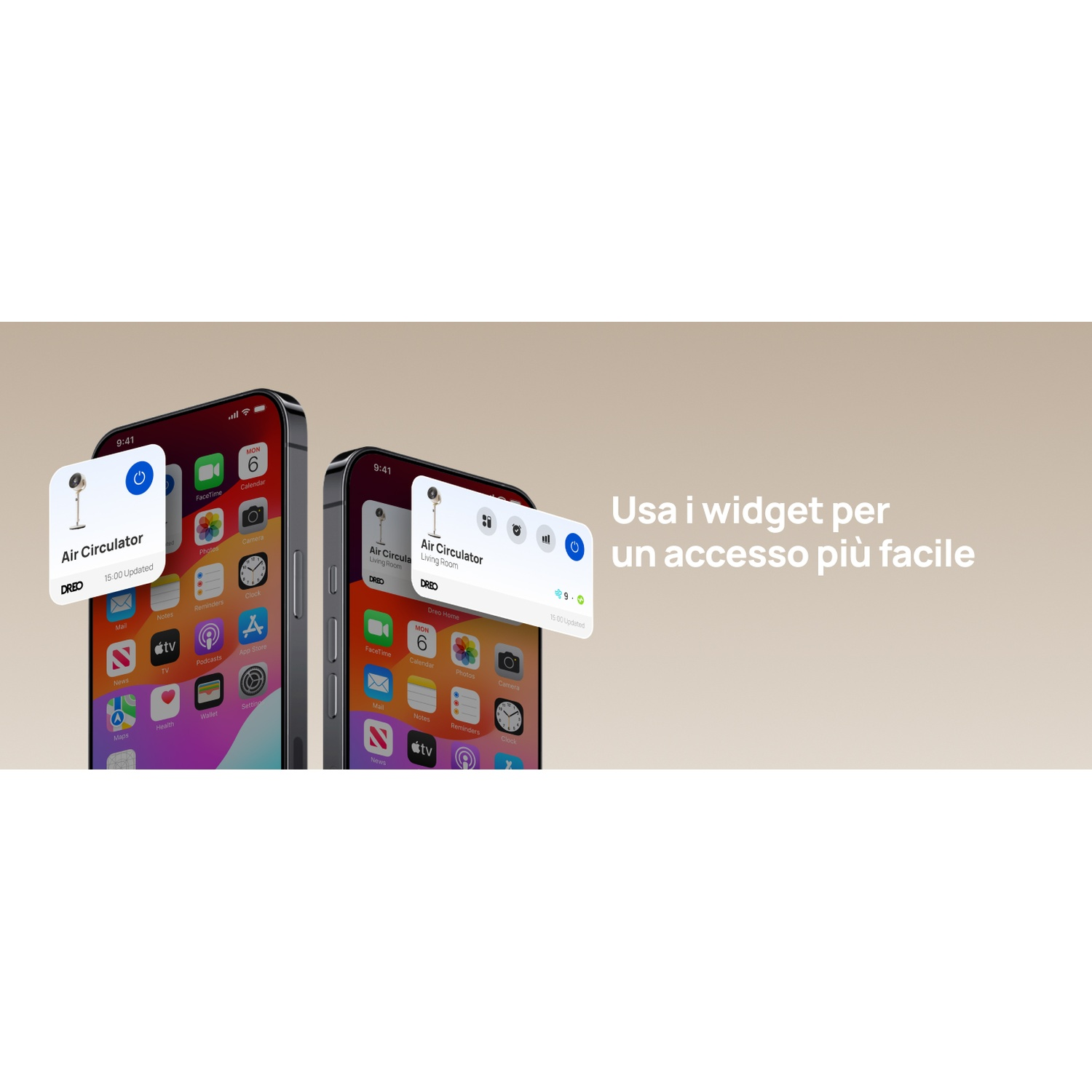Due iPhone mostrano widget: un widget di circolatore d'aria e la schermata principale.