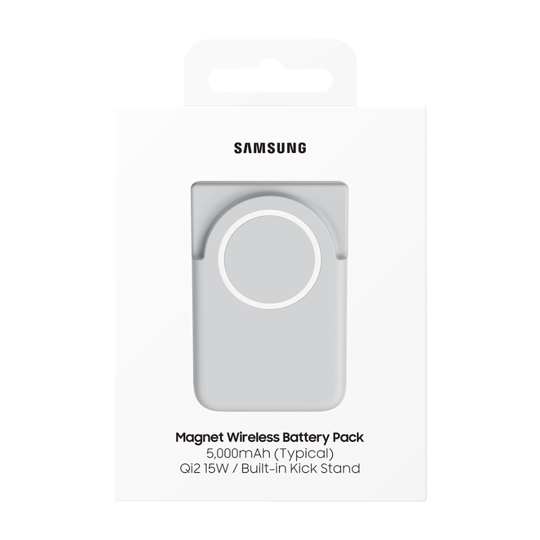 Mıknatıslı Kablosuz Pil Paketi, 5000mAh yazan beyaz Samsung kutusu.