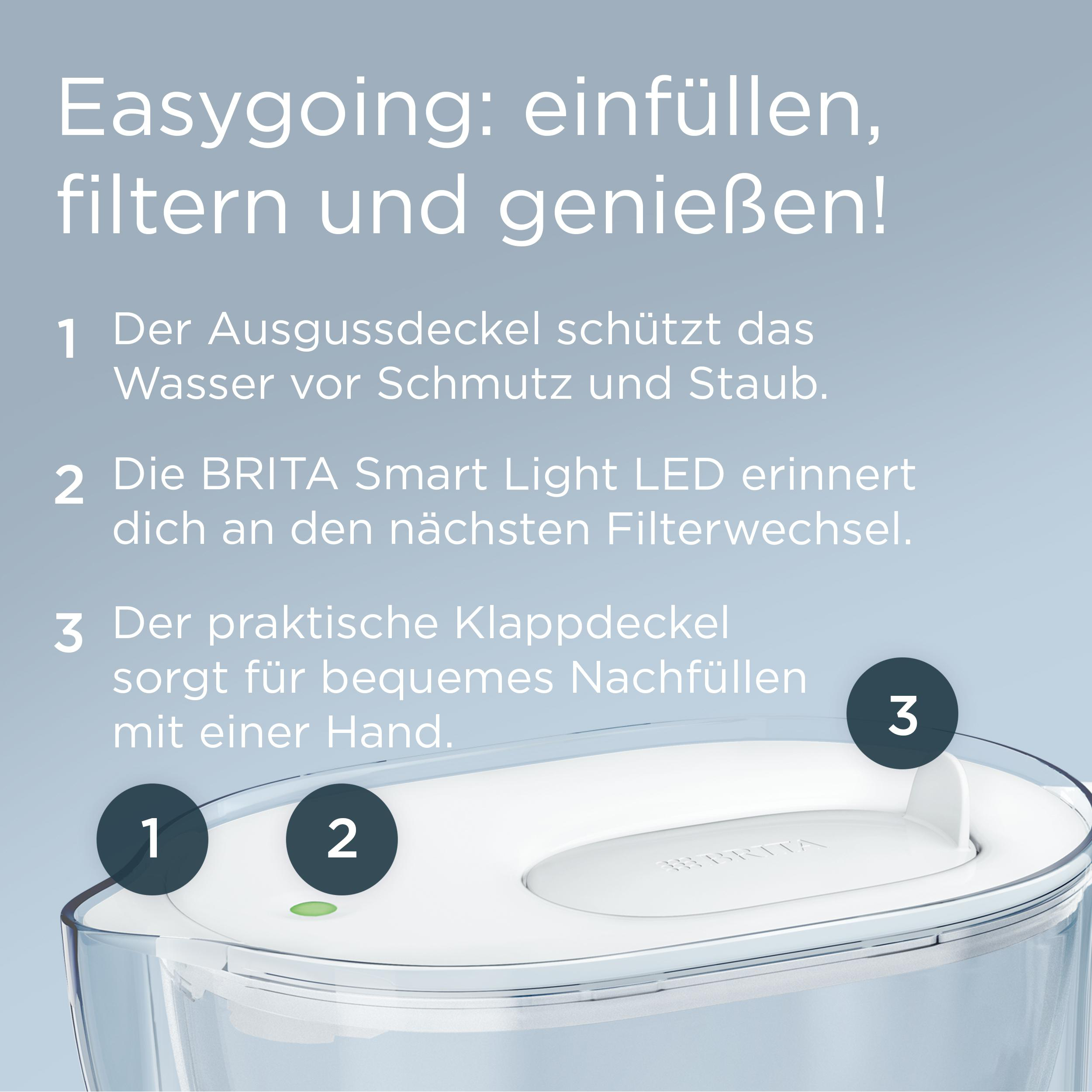 Eine Brita Wasserfilterkanne mit Markierungen 1, 2, 3.