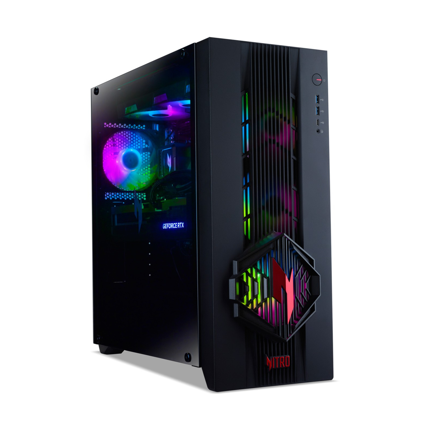 Una torre PC nera con pannello laterale in vetro che mostra luci RGB colorate e componenti.