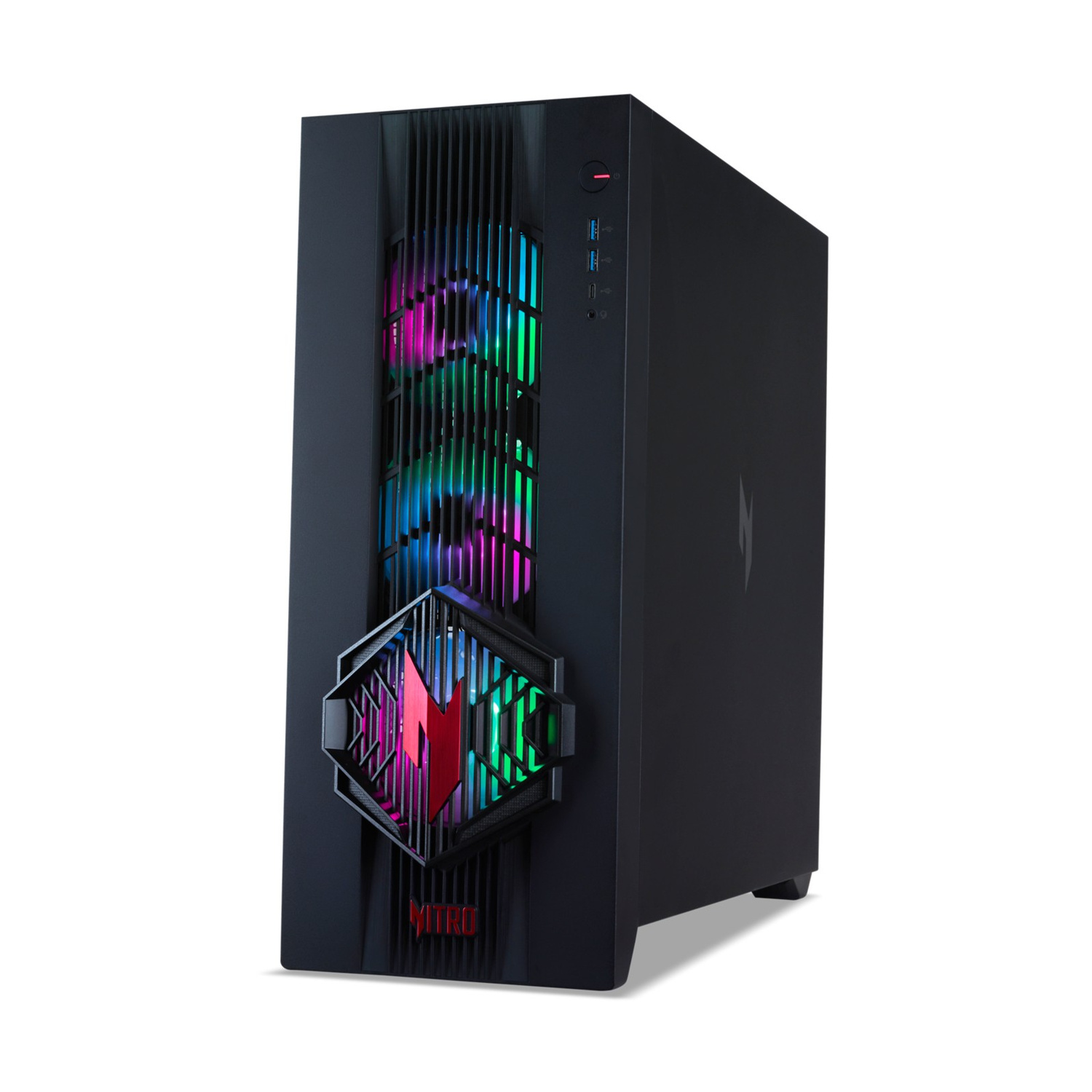 PC gaming nero con pannello frontale illuminato e ventole RGB.