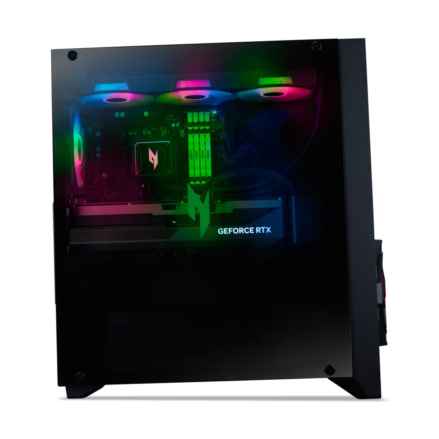 Un case per computer nero con illuminazione RGB, che mostra una scheda grafica e ventole.
