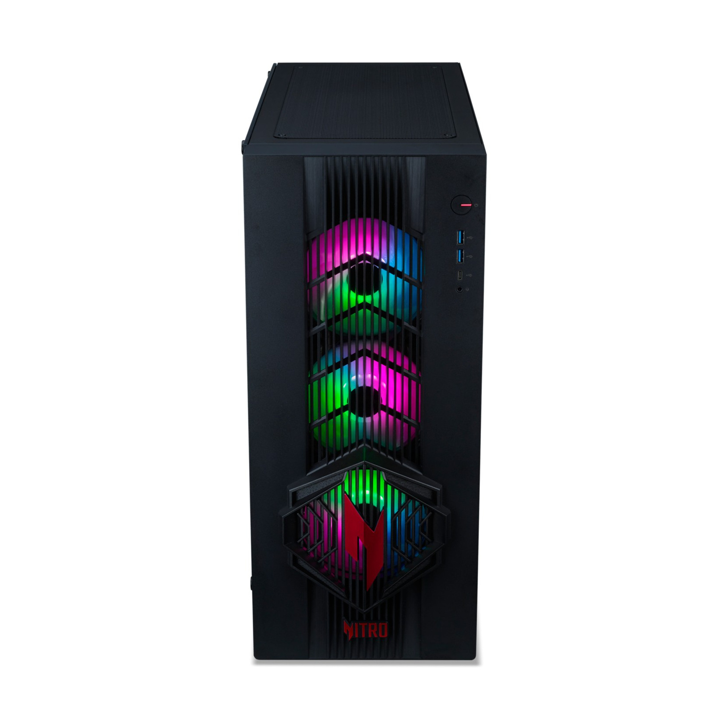 PC gaming nero con ventole RGB e logo frontale.