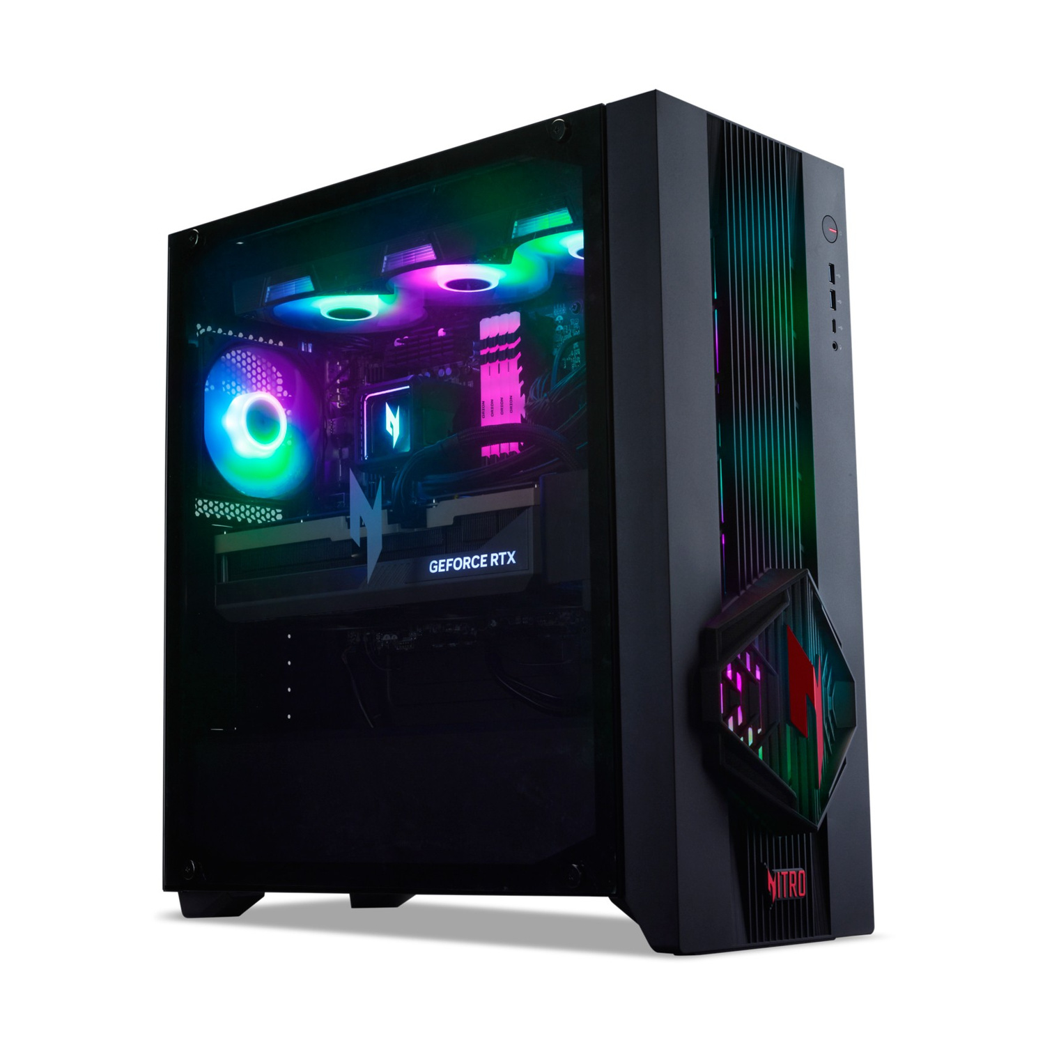 Un PC da gaming nero con illuminazione RGB su ventole e scheda grafica.