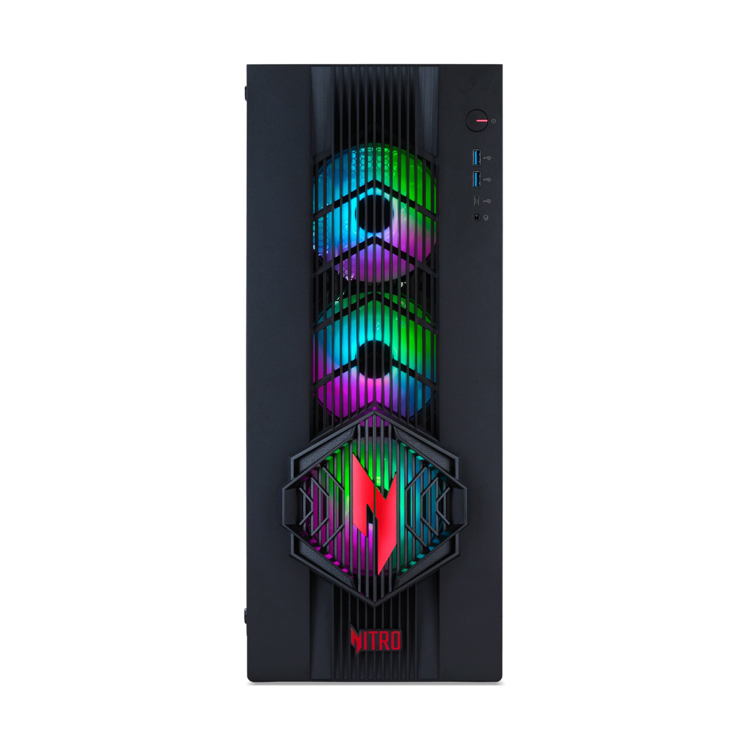 Case PC nero con ventole RGB e un logo "Nitro" in primo piano.