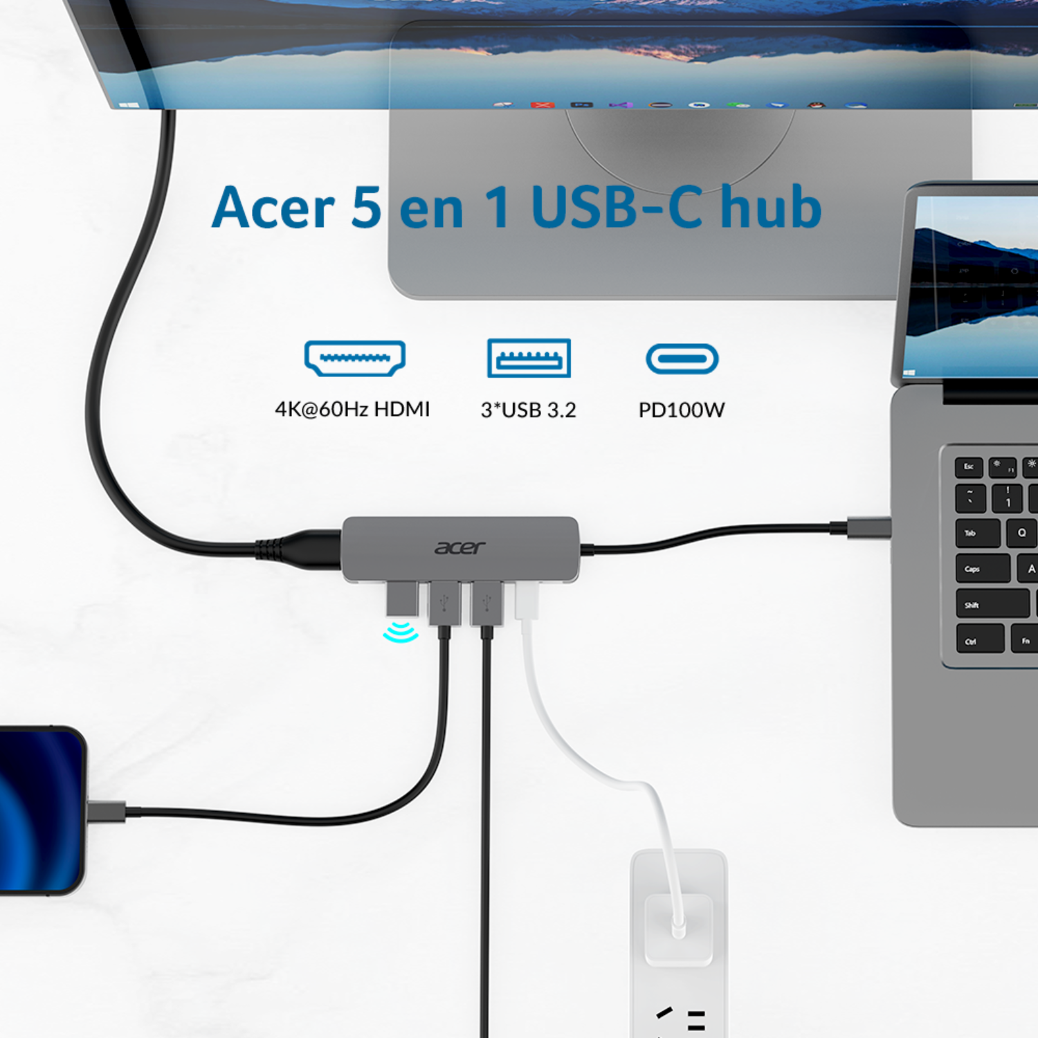 Hub USB-C Acer 5 en 1 con HDMI, 3x USB 3.2 y PD100W. Conecta portátil, móvil y monitor.