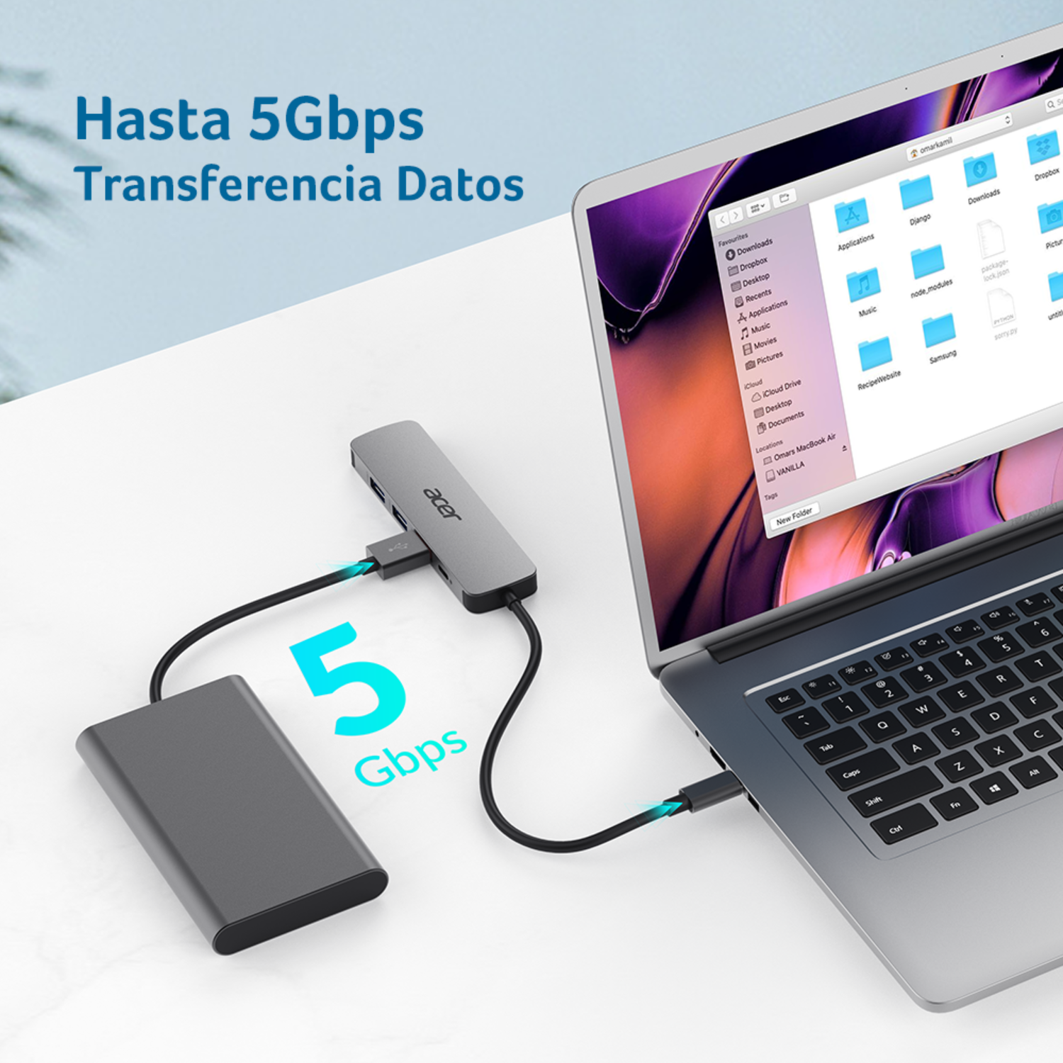 Un portátil conectado a un hub de estación de acoplamiento y disco duro externo, a 5 Gbps.