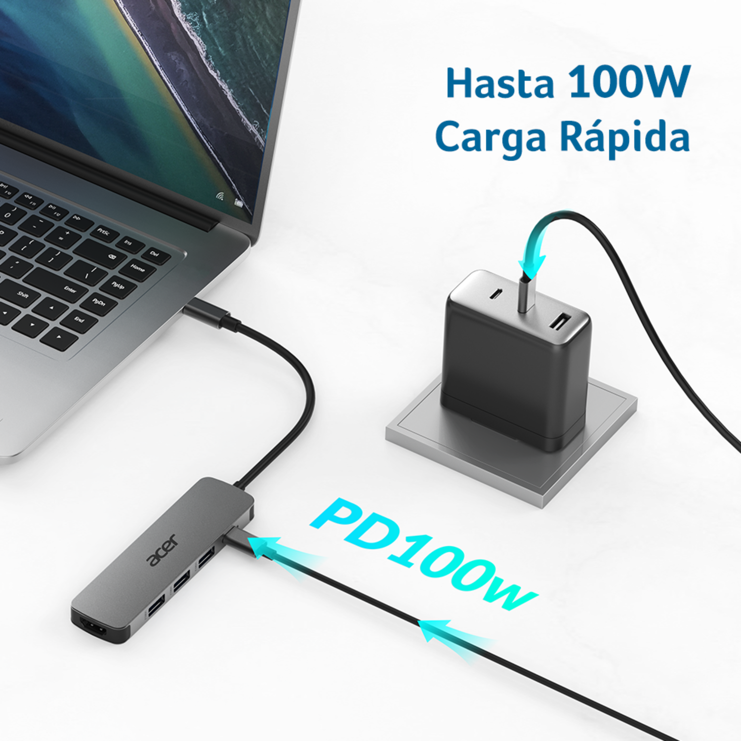 Un portátil Acer se alimenta a través de un hub USB-C. Un adaptador de corriente de carga rápida de 100W.