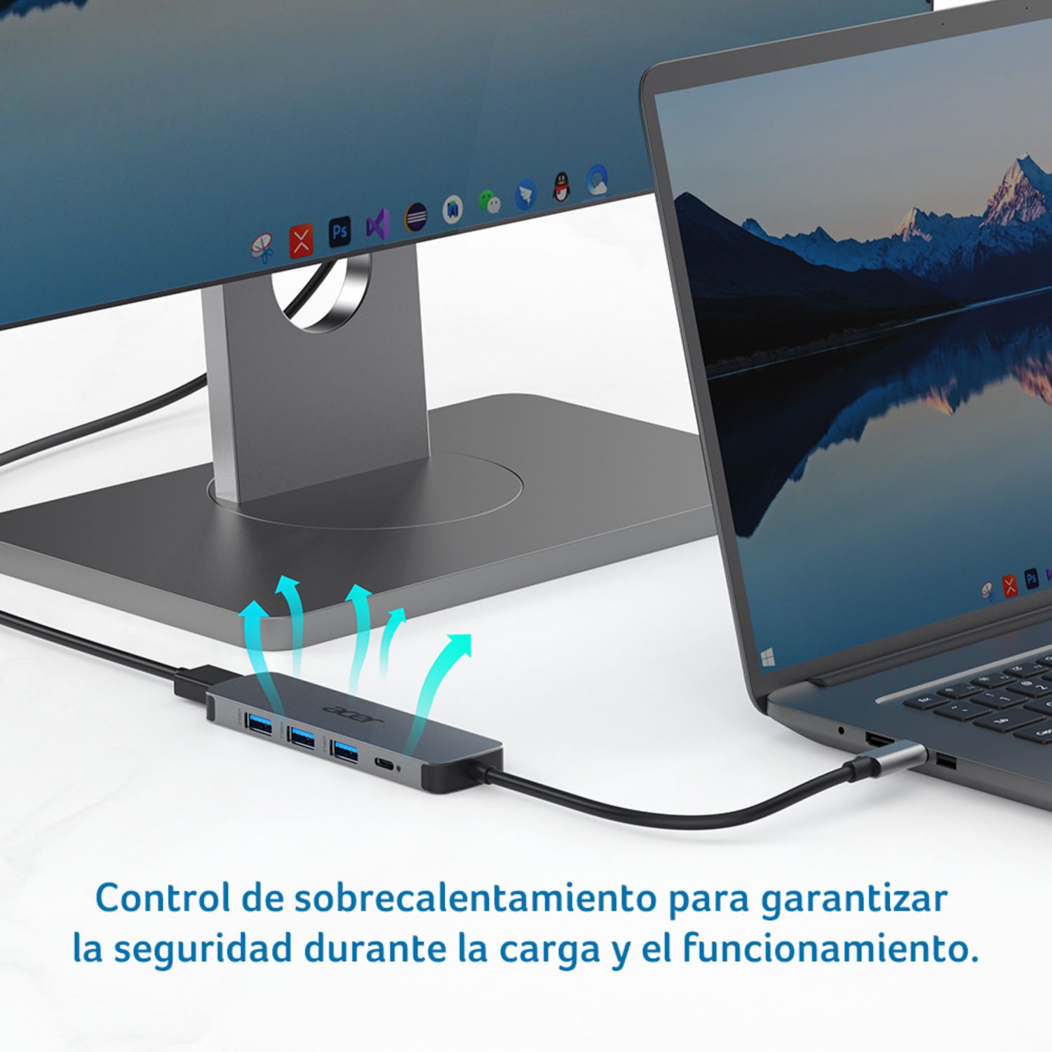 Un portátil y un monitor están conectados a un hub USB-C. Flechas azules indican refrigeración.