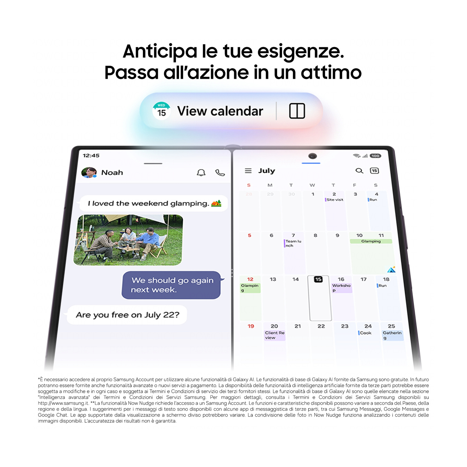 Schermo del telefono mostra un'app calendario con eventi e un messaggio di chat sul glamping.
