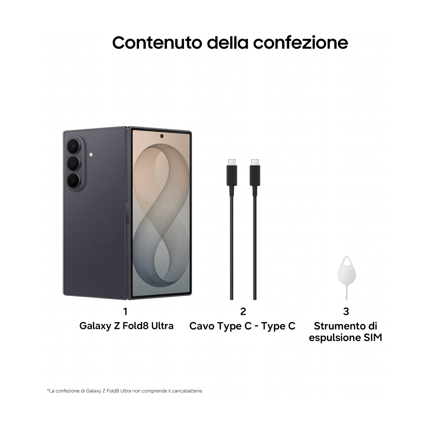 Un Samsung Galaxy Z Fold8 Ultra grigio, due cavi USB-C e uno strumento SIM.