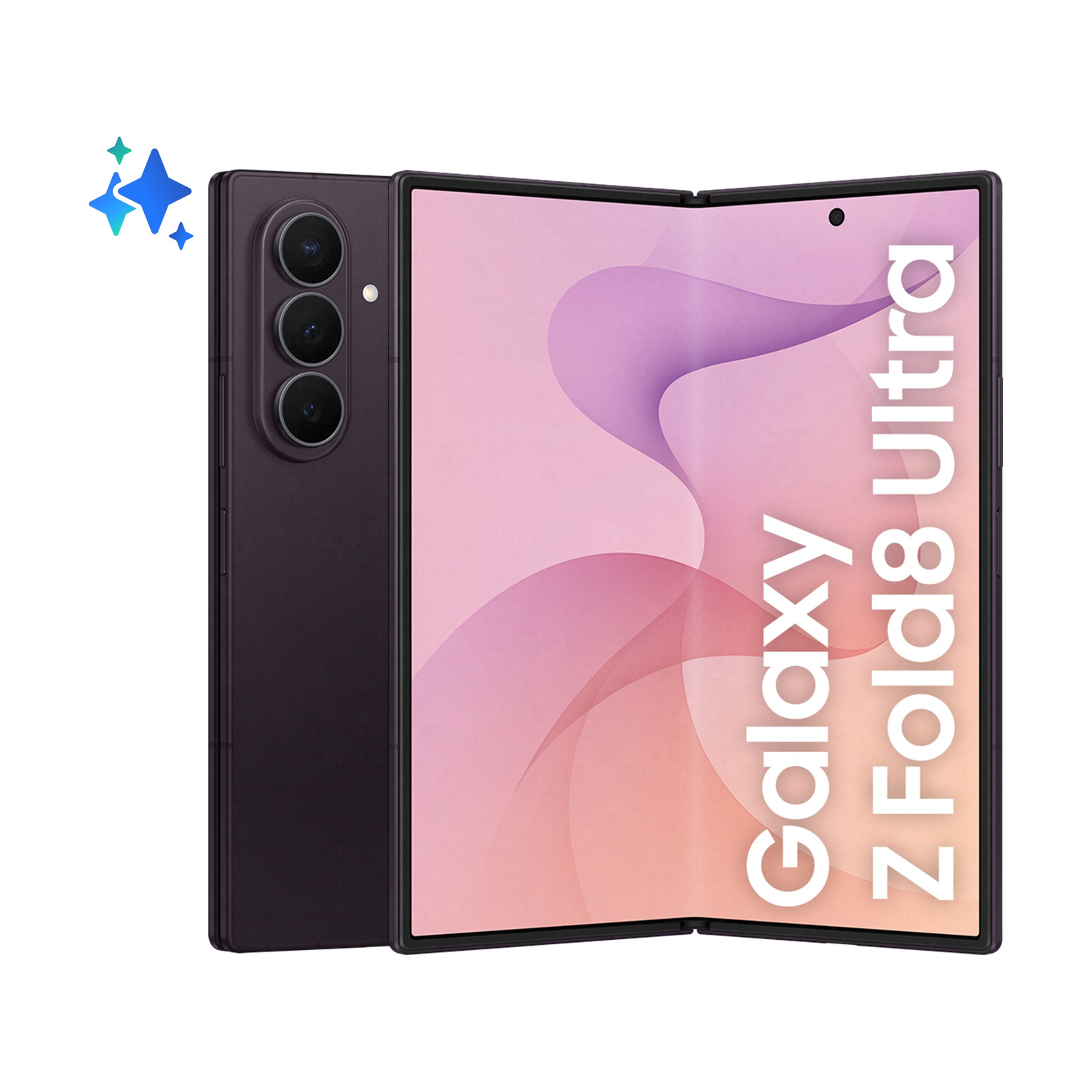 Telefono pieghevole viola chiuso e aperto con tre fotocamere e stelle.
