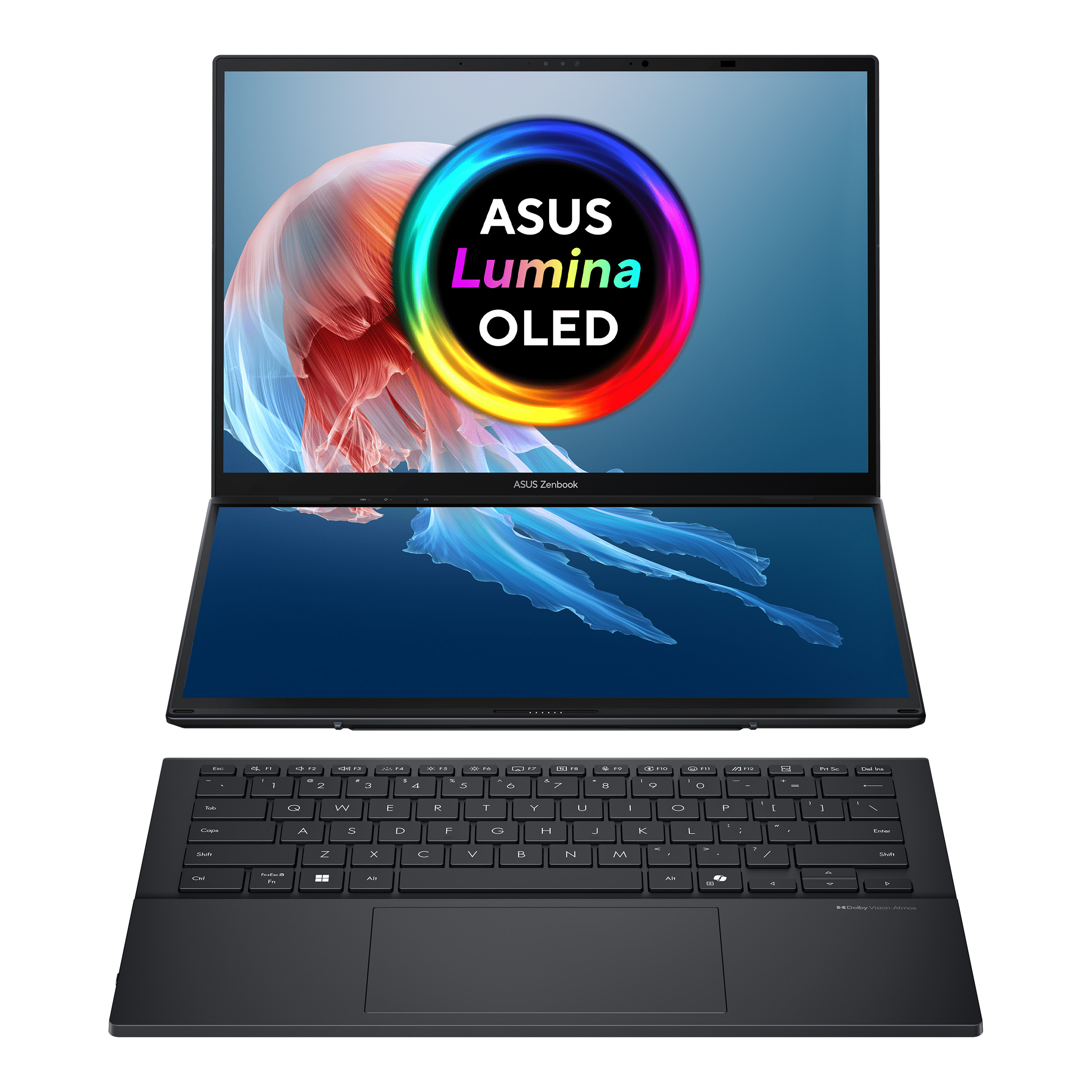 ASUS Lumina OLED logosunu gösteren siyah Asus Zenbook çift ekranlı dizüstü bilgisayar.