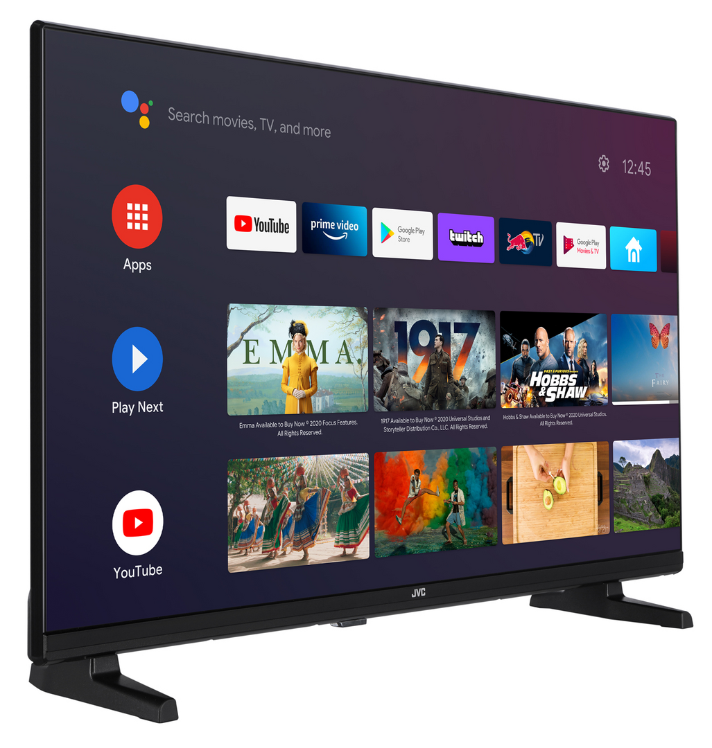 Egy fekete JVC TV Android TV felületet jelenít meg olyan appokkal, mint a YouTube, Prime Video és Google Play.