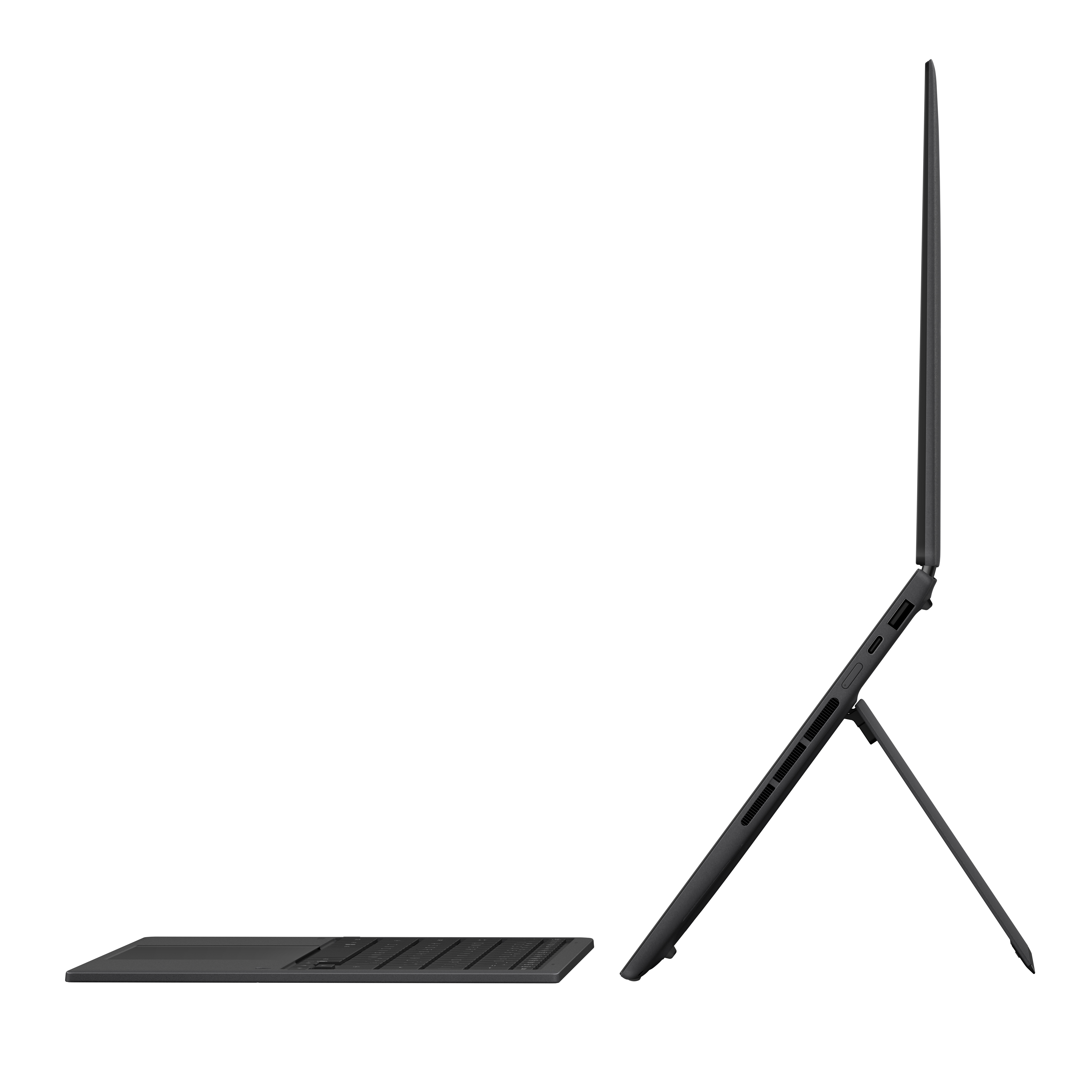 Arkadan görünüşüyle siyah tablet, stant ve klavyeli.