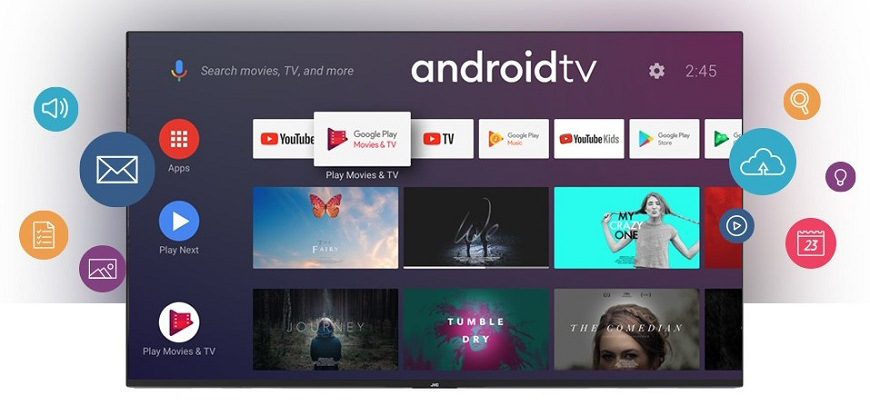 Android TV kezdőképernyő YouTube, Google Play és játékok alkalmazásokkal.