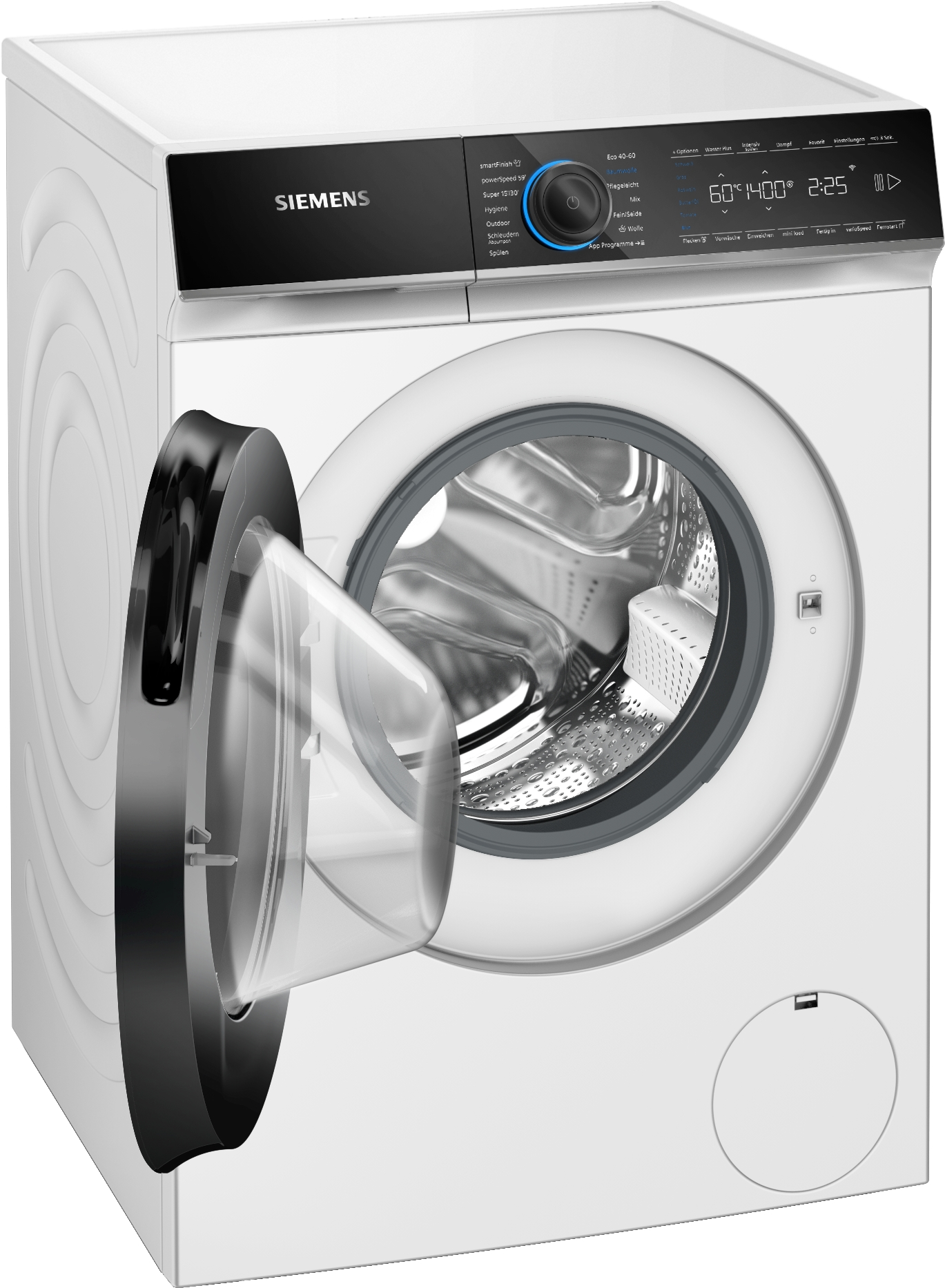 Eine weiße Siemens Waschmaschine mit geöffneter Glastür und digitalem Display.