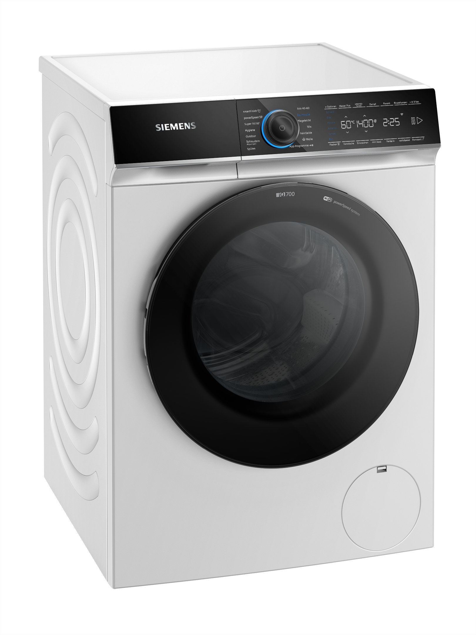 Eine weiße Siemens Waschmaschine mit schwarzer Tür und Bedienfeld. Links sind Kreise eingeprägt.