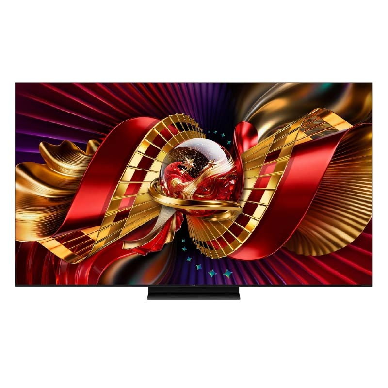 Kırmızı ve altın kurdelelerden oluşan soyut, lüks bir arka plana sahip modern bir TV.
