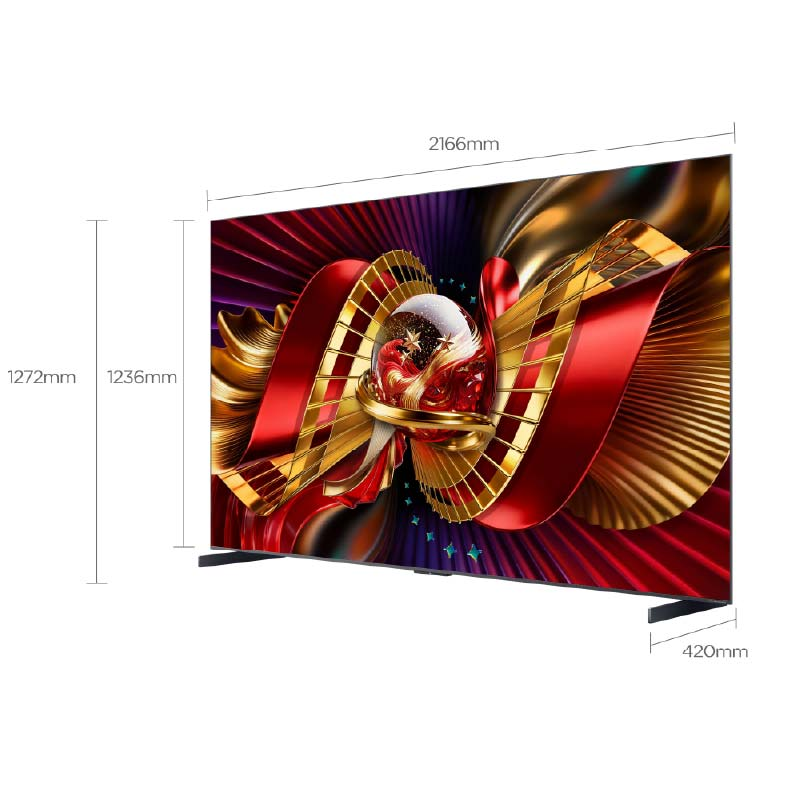 Ekranında soyut, kırmızı ve altın rengi tasarıma sahip büyük bir TV.