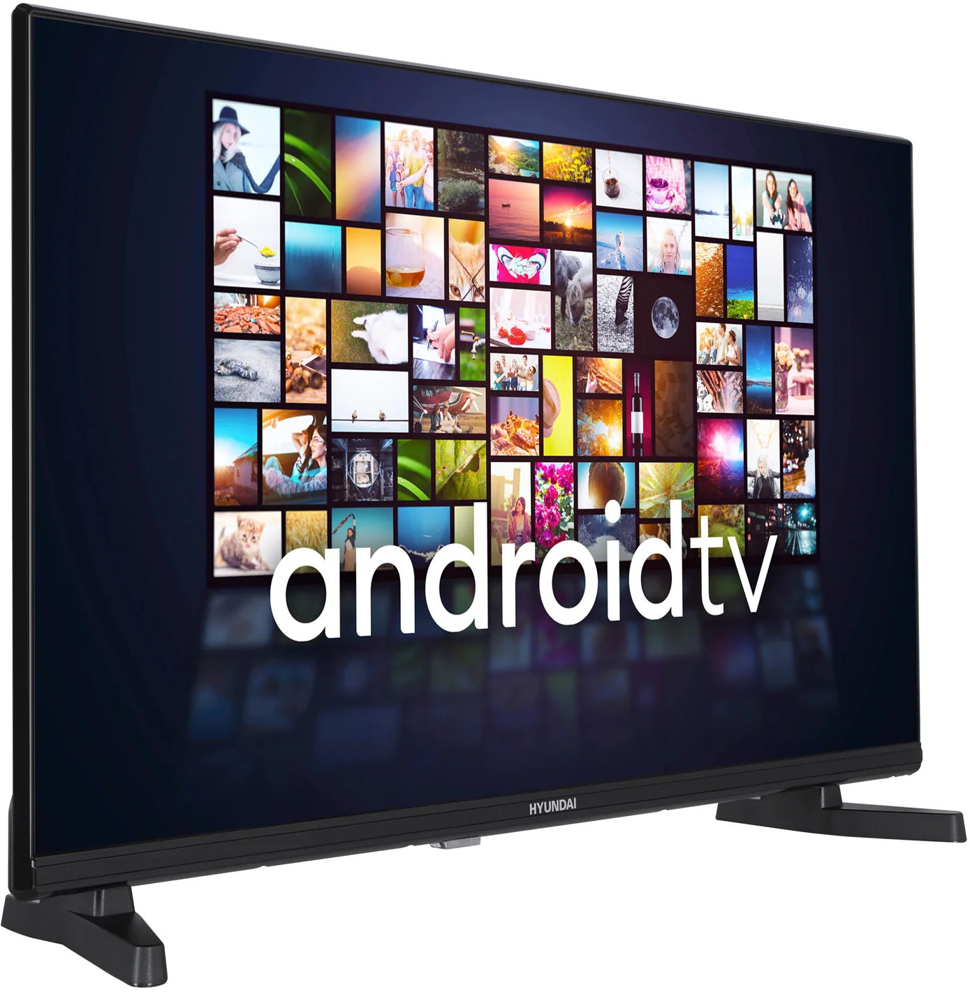 Egy TV képernyő Android TV logóval és kis képek kollázsával.